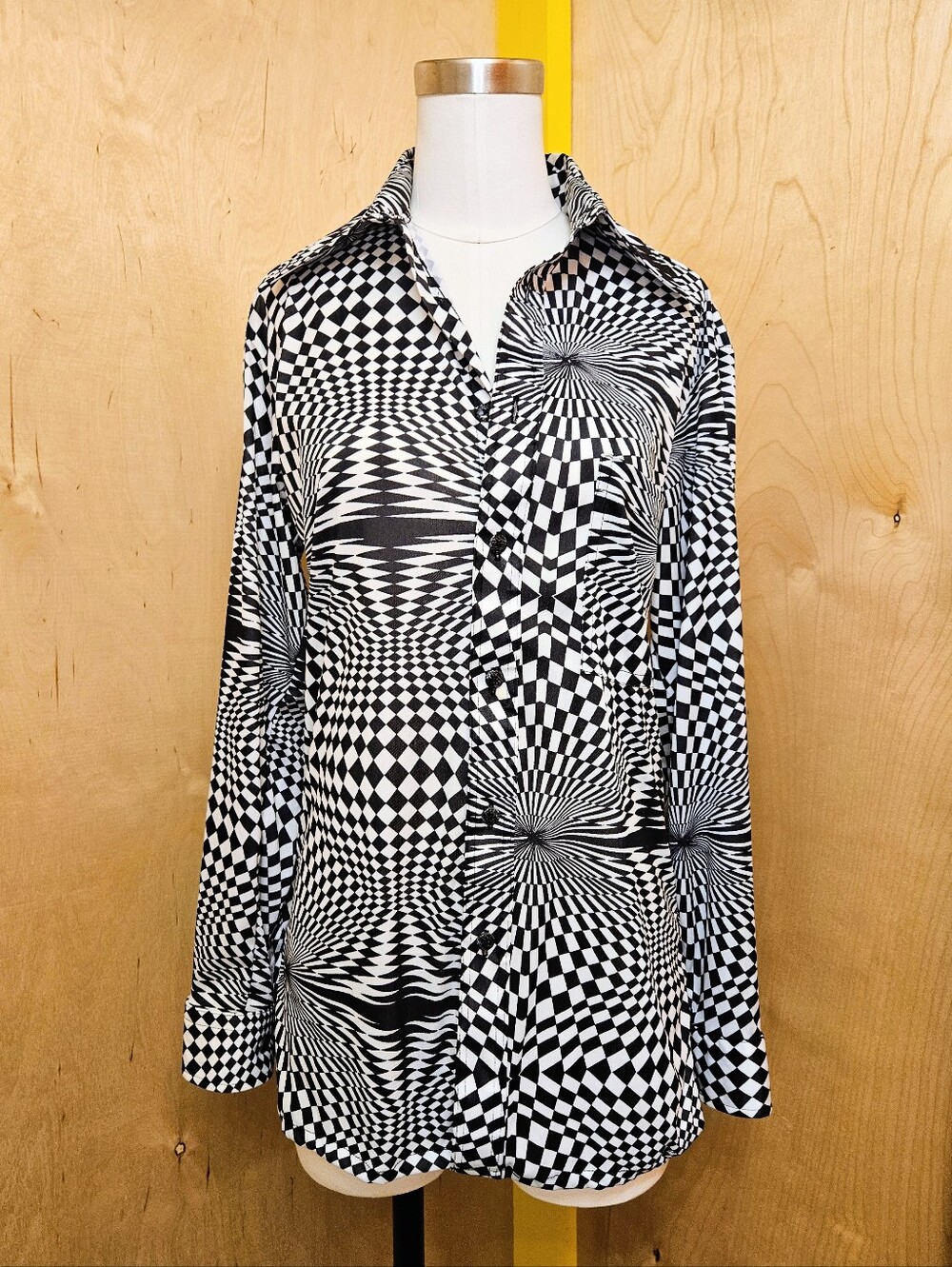 90s Black & White Checker Print Op-art Blouse